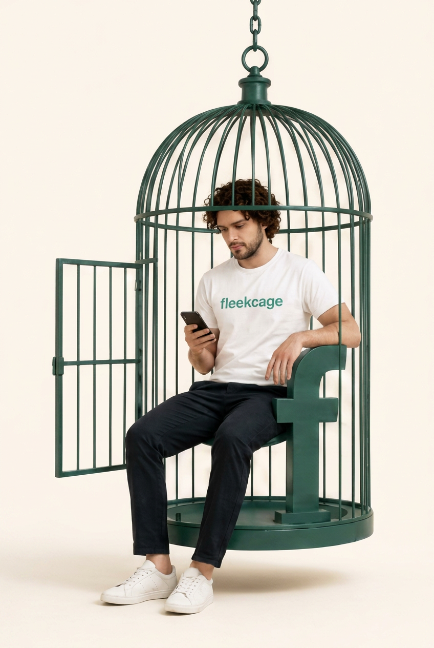 Klinikägare i fleekcage-t-shirt sitter i en grön bur med sin telefon
